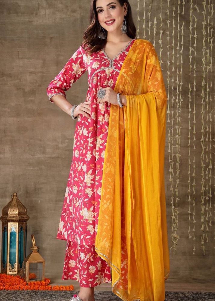 Floral Print Kurta Palazzo with Dupatta