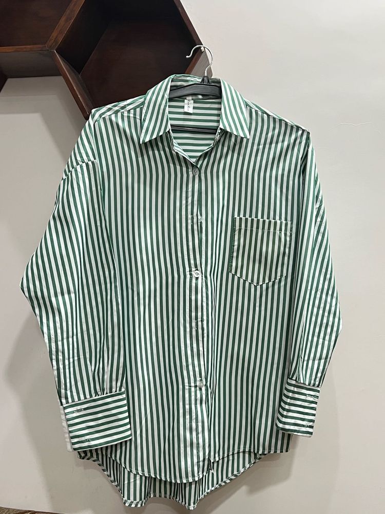 Green Striped Oversized Button-Down