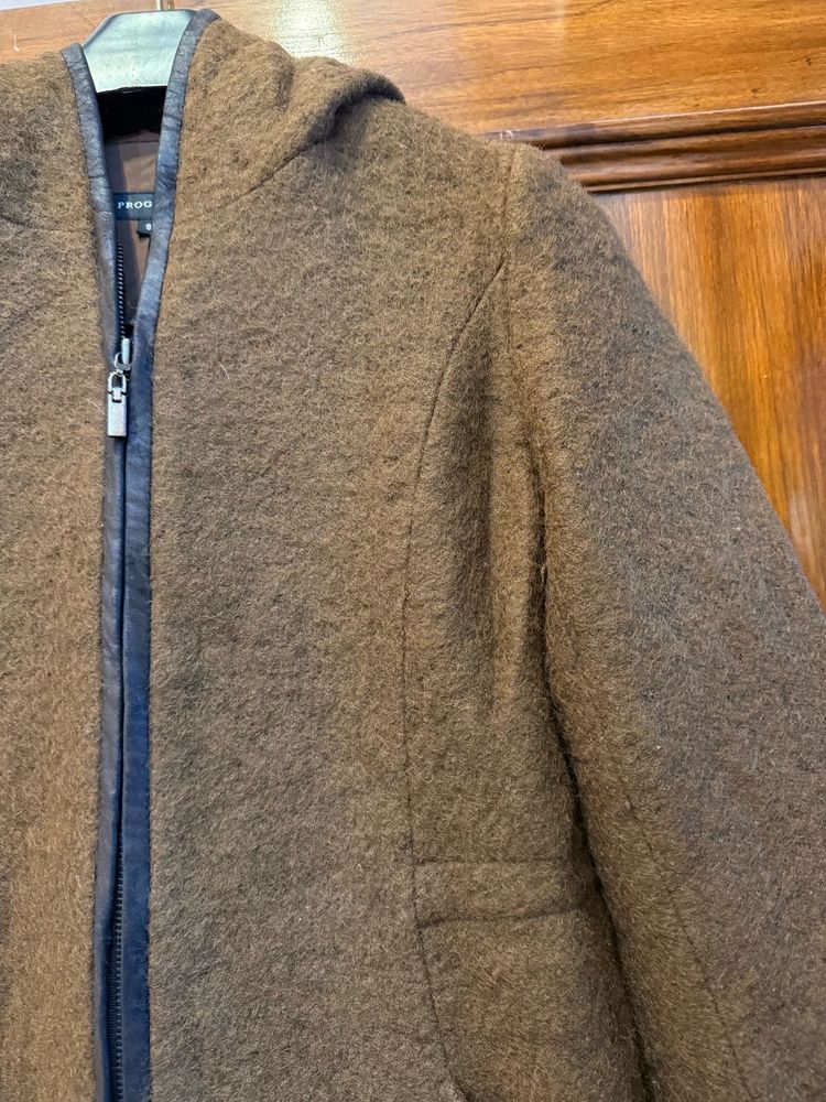 Brown Wool Blend Hooded Coat