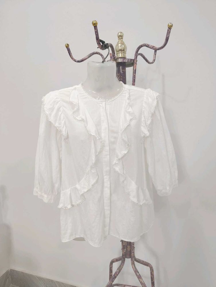 Ruffled White Button down Blouse