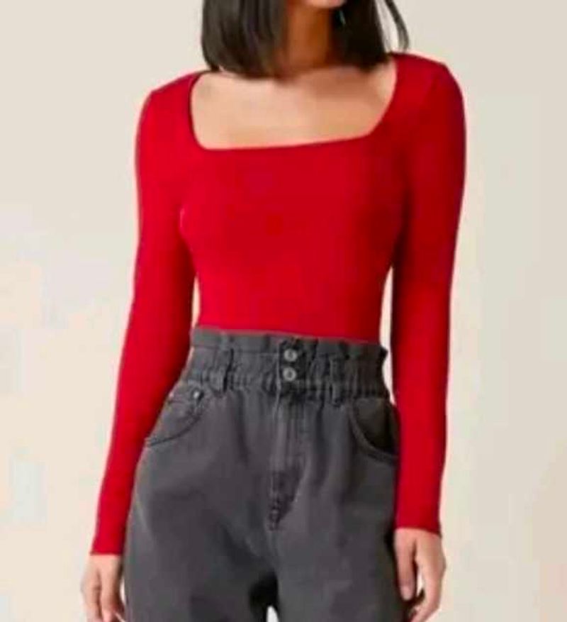 square neck full sleeve red colour top for women a