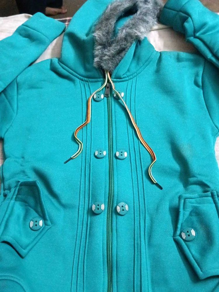 Stylish Teal Fur Hooded Jacket