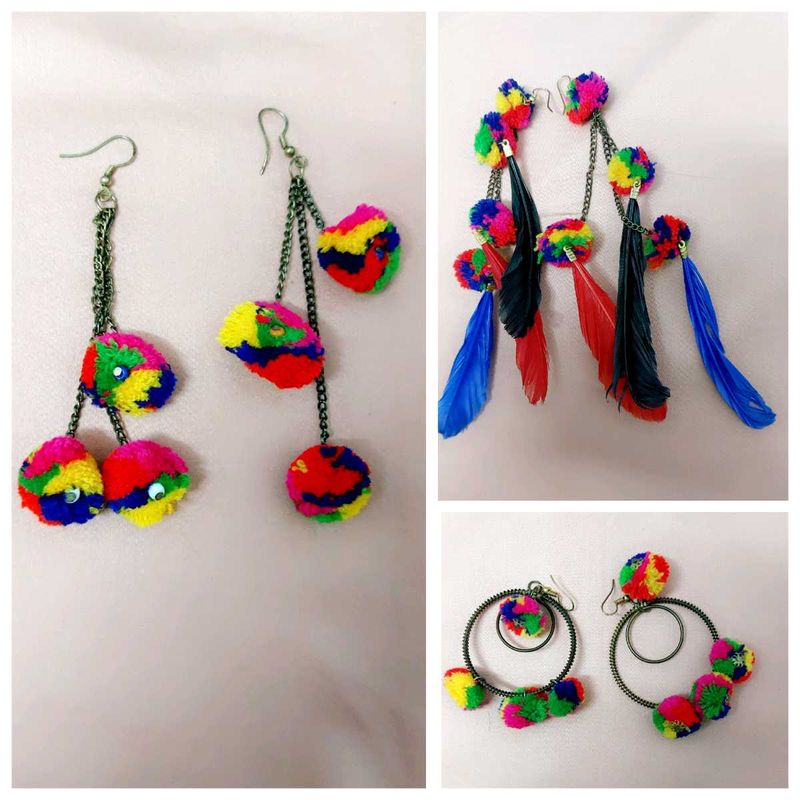 Pack Of 3 Colourful Pom Hanging Earings