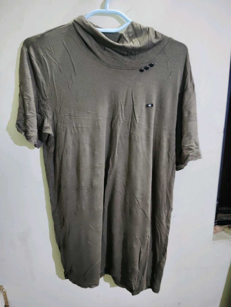 Olive Green Turtleneck Tee with Button Detail