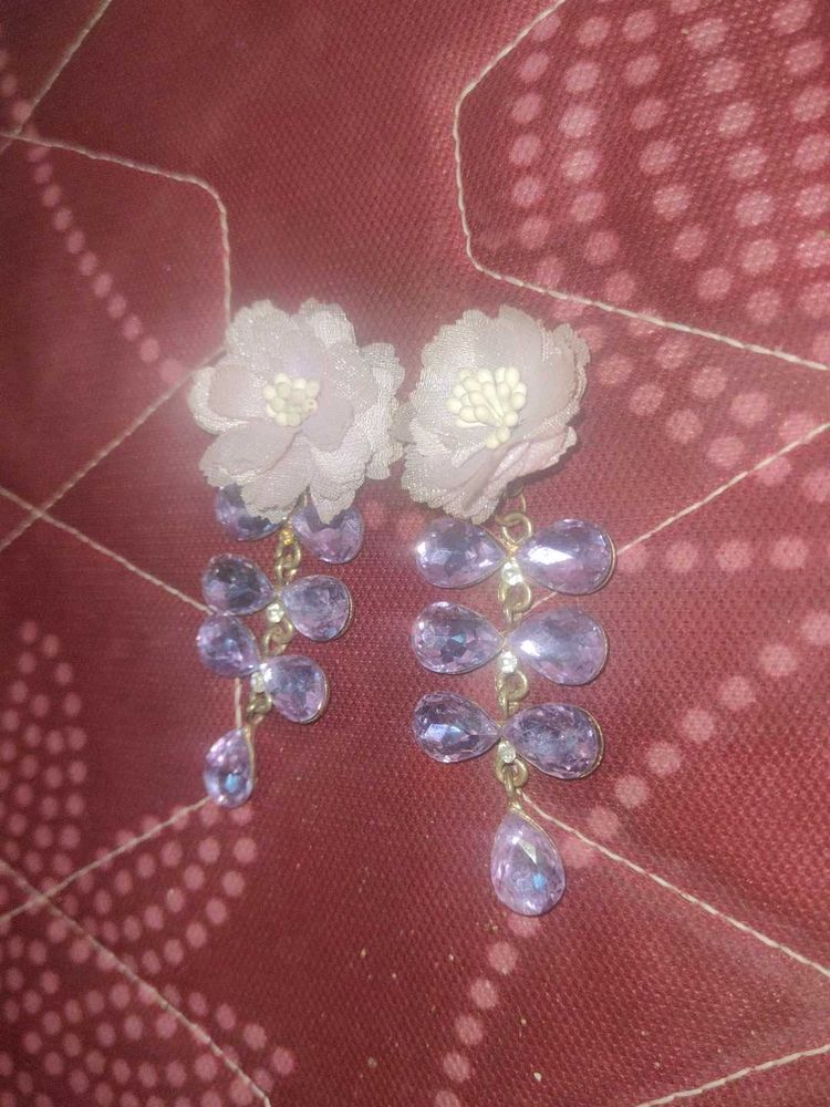 Floral &amp; Purple Gem Dangle Earrings