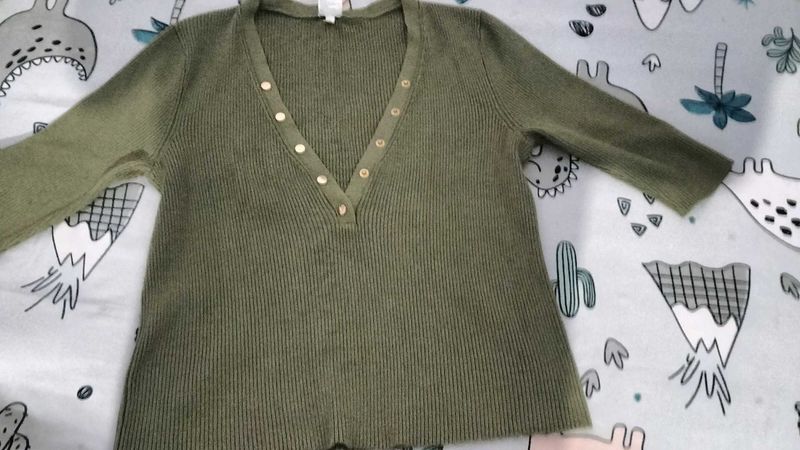 Olive Green Ribbed Button-Front Top