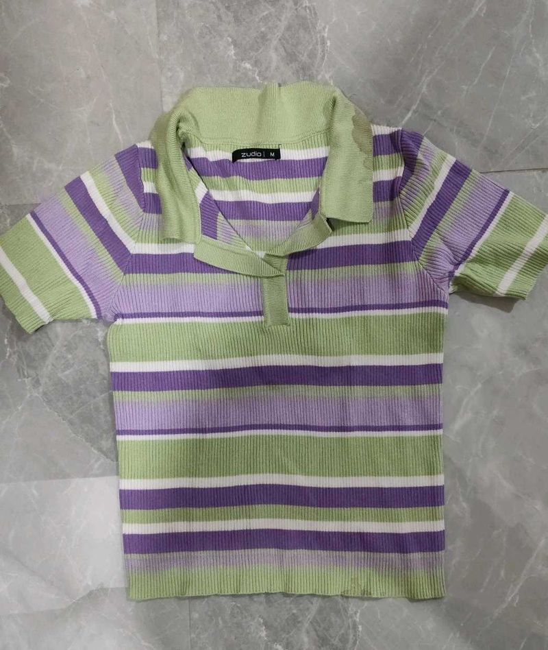 Striped Knit Polo Top