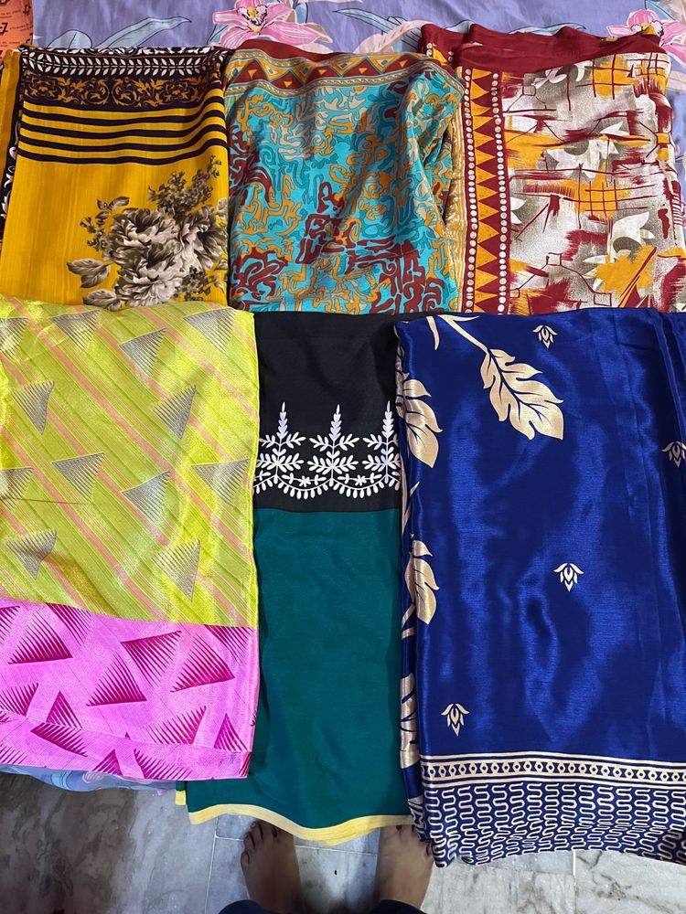 6 Combo Saree Satin Silk Soft