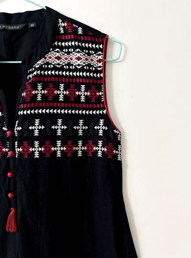 Embroidered Sleeveless Black Kurti