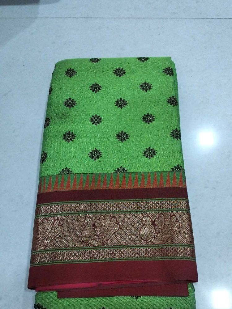 Green Cotton Saree with Peacock Border