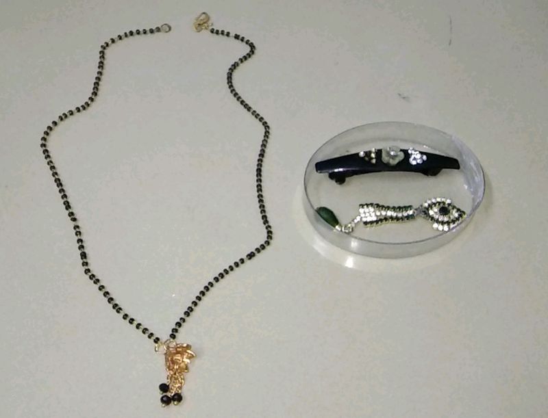New Mangalsutra,  New Brooch /Saree Pin &amp; Black Mini Hair Clip