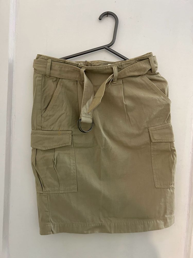 Beige Cargo Skirt With Belt