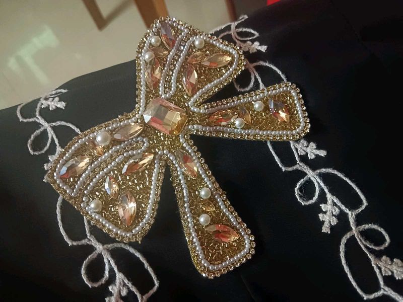 Gold Beaded Bow Brooch