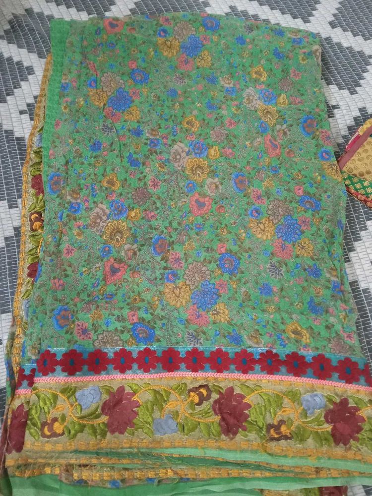 Floral Embroidered Green Saree