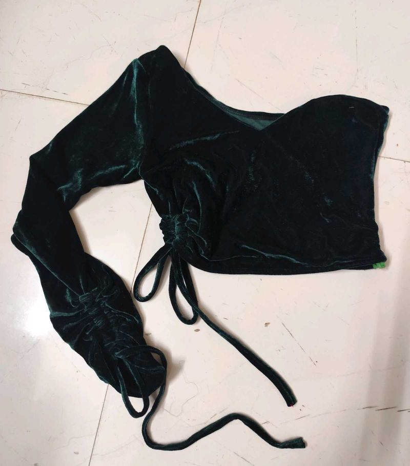 Velvet One-Shoulder Ruched Crop Top