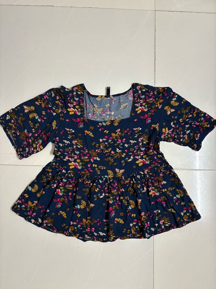 Butterfly Print Square Neck Peplum Top