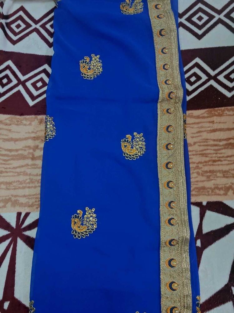 New Royal Blue Embroidered Saree