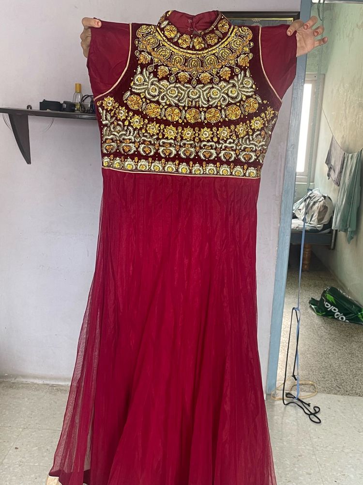 Maroon Embroidered Maxi Dress