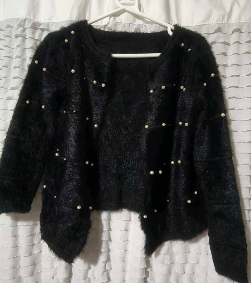 Black Fuzzy Pearl Cardigan