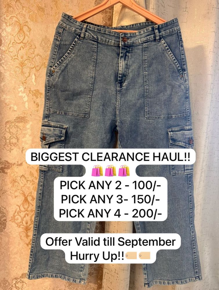 Trendy Wide Leg Cargo Jeans, Waist- 30