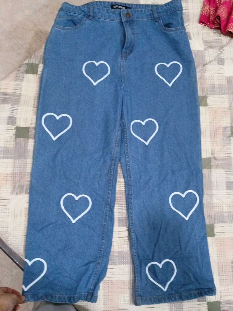 Heart Print Wide Leg Jeans