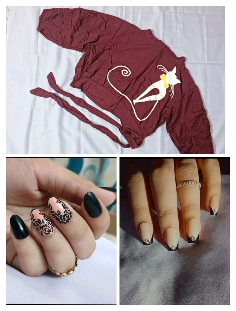 Combo Of 2 Sets Of Nails ( One Hands ) And Maroon Crop Top And Free Nail Glue