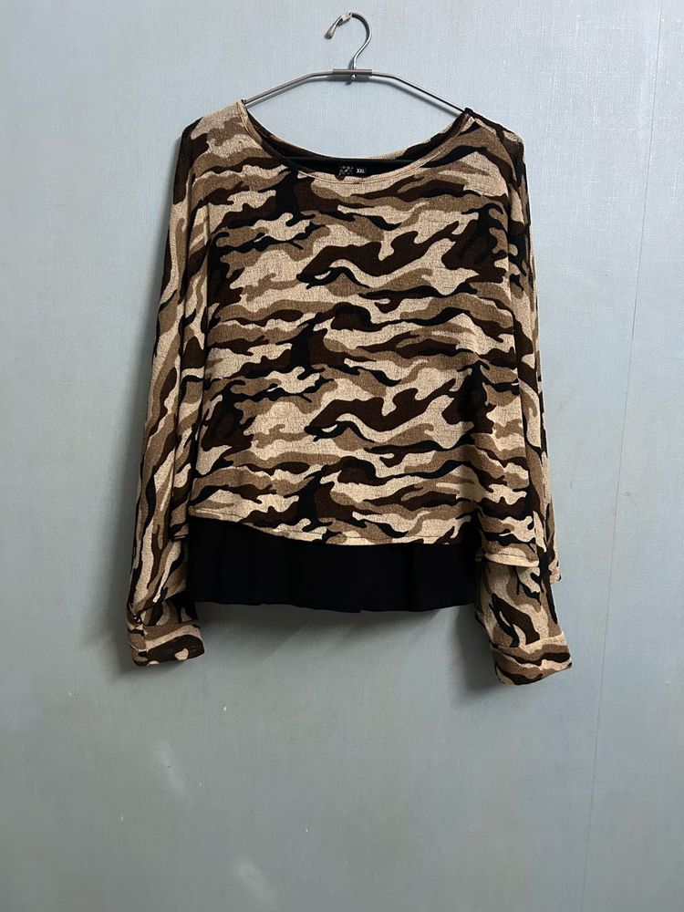 Brown Camouflage Print Top with Attached Inner