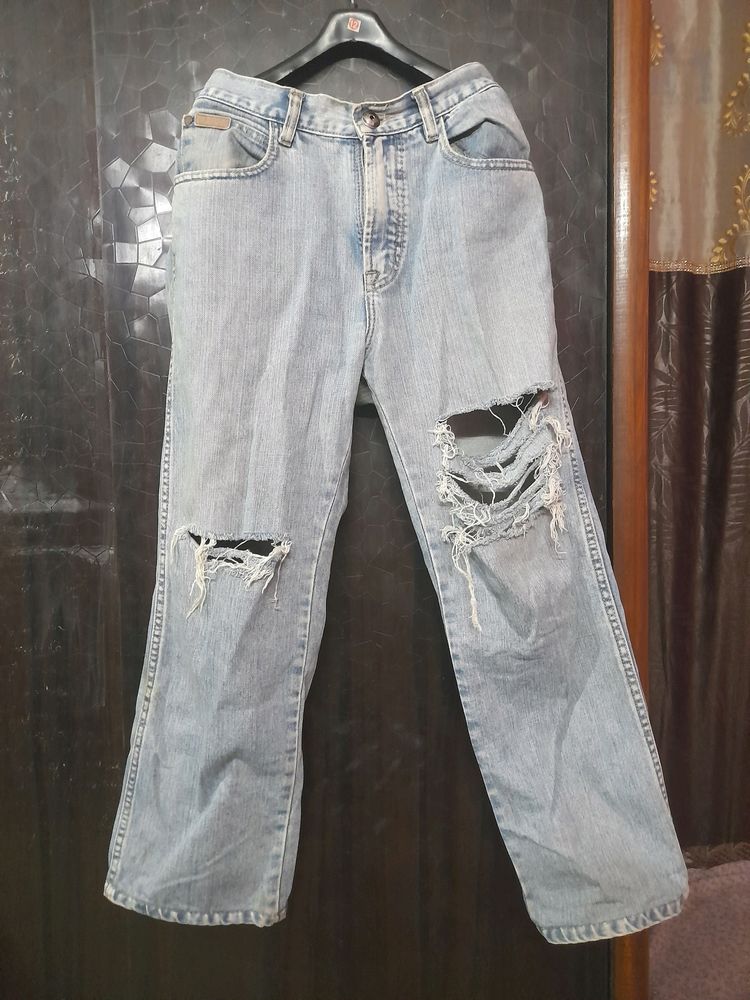 Straight Fit High Waist Ripped Jeans For Women