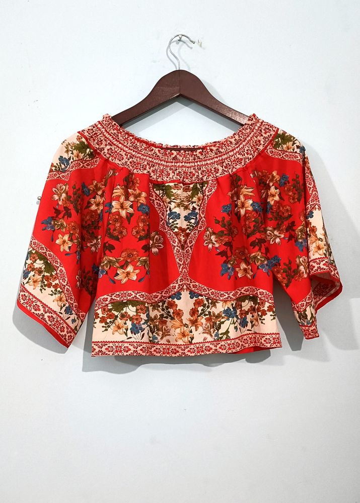 Ginger Red Floral Shoulder Drop Crop Top
