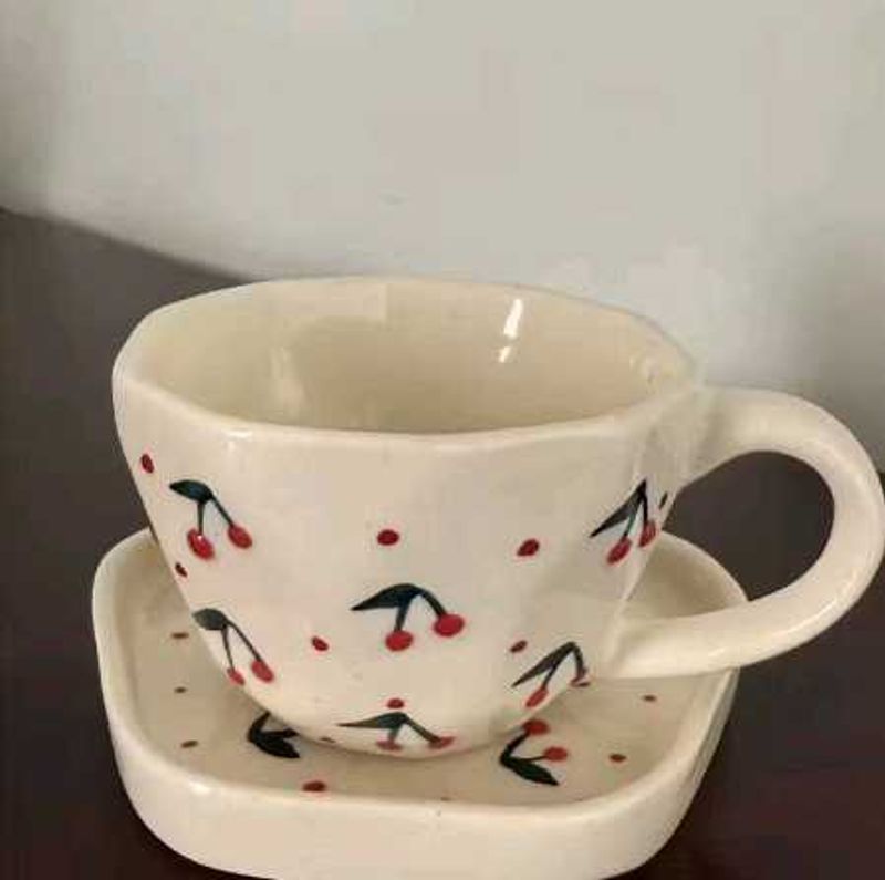 Cherry Print Ceramic Mug &amp; Saucer