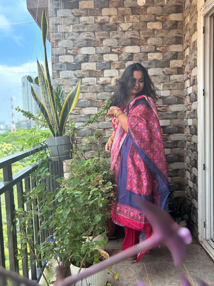 Pink &amp; Blue Printed Salwar Suit With Noodle Strap