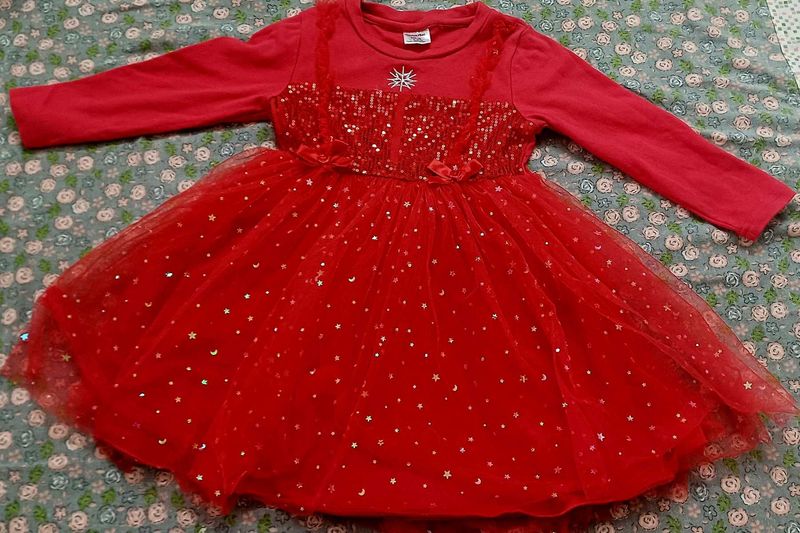Firstcry Brand Red Sequin &amp; Star Tulle Frock/Dres