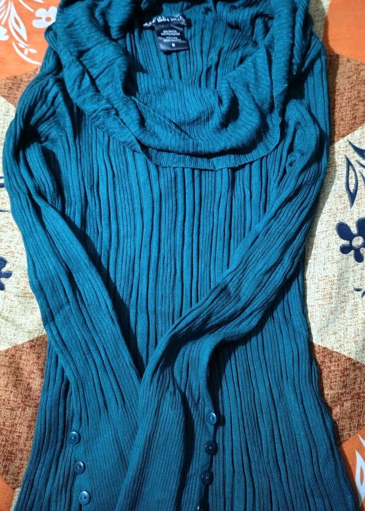 Teal Ribbed Cowl Neck Top