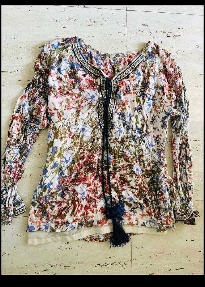 Floral Print Embroidered Tassel Top