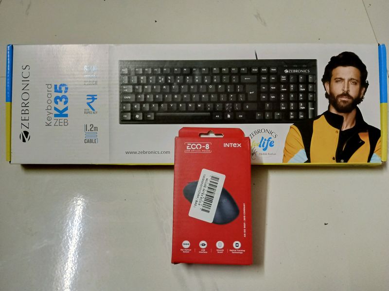 Combo Pack Intex ECO-8 USB 2.0 Wired Optical Mouse(Black), ZEBRONICS Zeb- K35 USB Wired Keyboard with Rupee Key,Spill-Proof and Slim Design (Black) Zeb- Power Wired USB Plug &amp; Play, for Windows/Mac