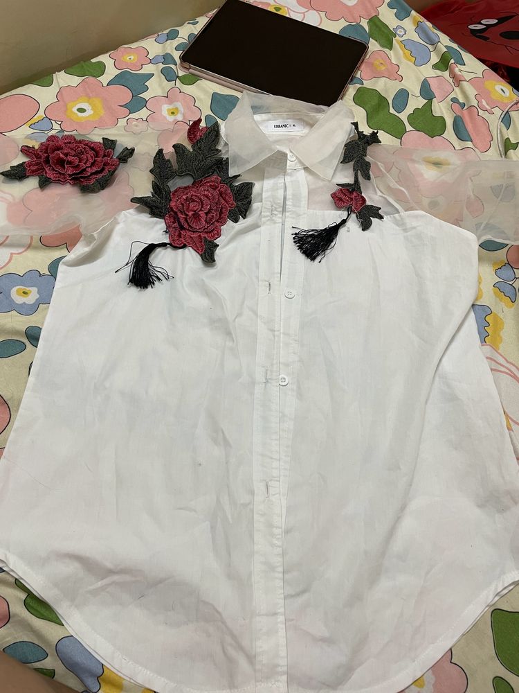 URBANIC White Shirt Top with Red Rose