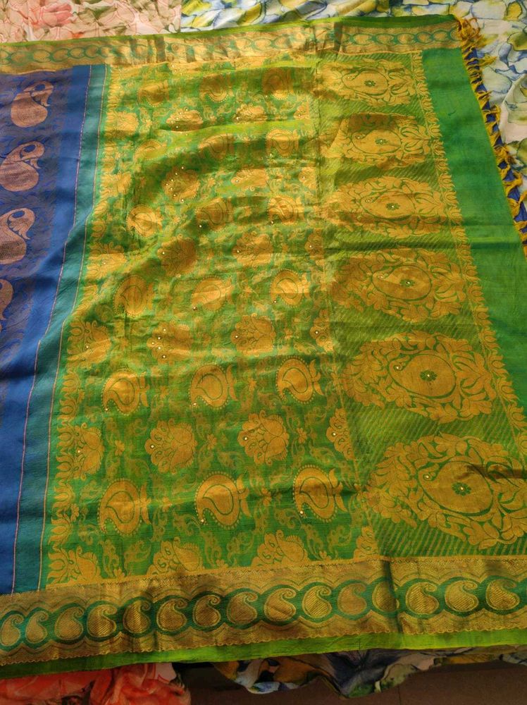 Blue And Green Korvai Kanchipuram Silk Saree