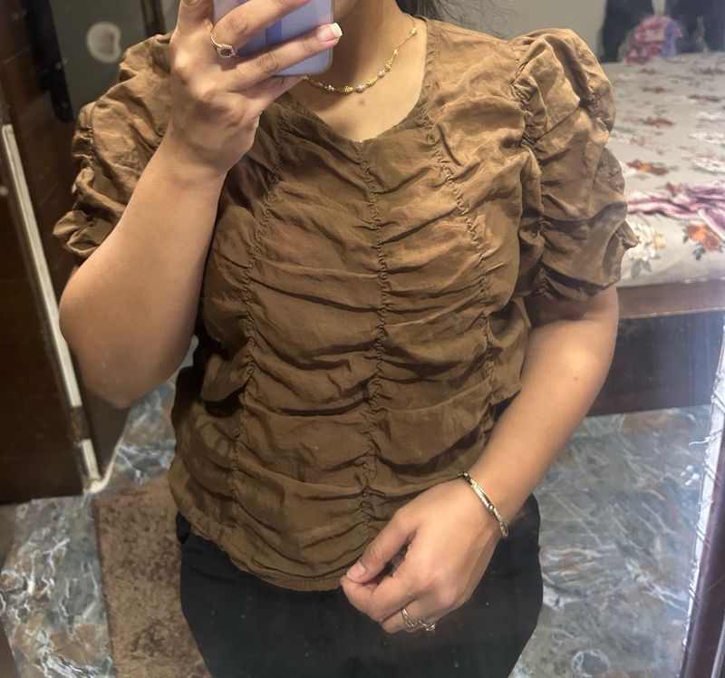 Brown Puff Sleeve Top