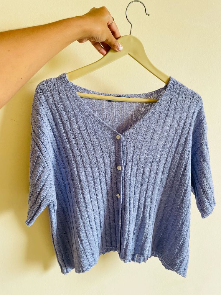 Light Blue Knit Button-Up Top