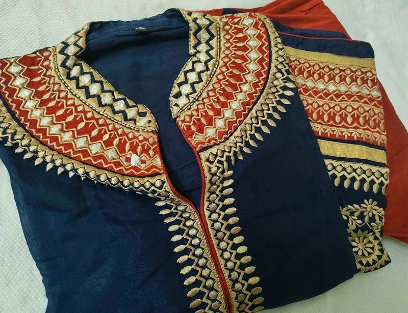 Embroidered Navy &amp; Red Indian Salwar Kameez