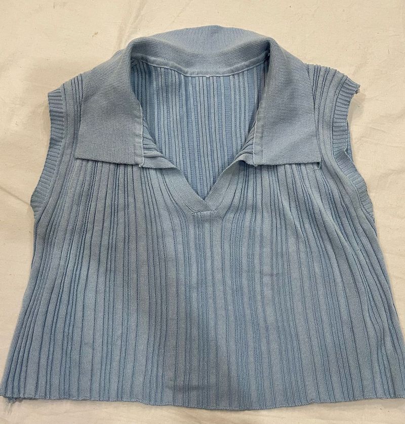 Blue Knit Polo Tank Top