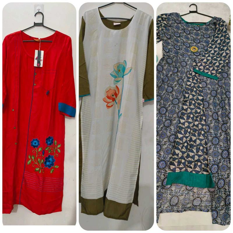 Set of 3 Kurtis - Red, Floral, &amp; Geometric Prints
