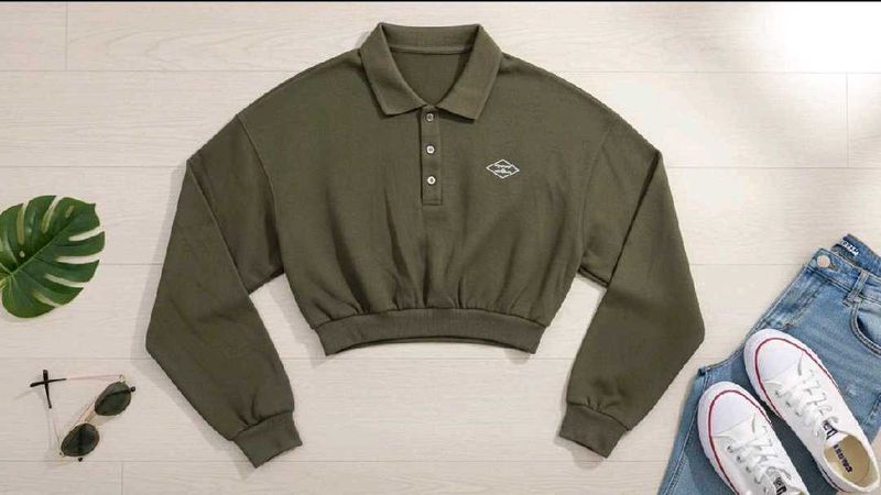 Olive Green Crop Polo Top