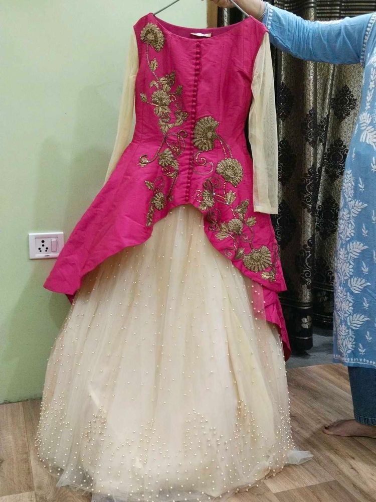 Pink &amp; Cream Embroidered Anarkali