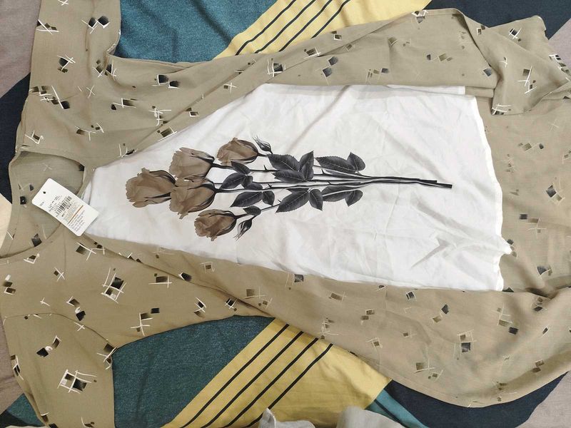 Stylish Beige Kurti with Rose Print Inner