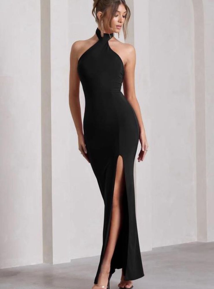 Elegant Black Halter Slit Gown