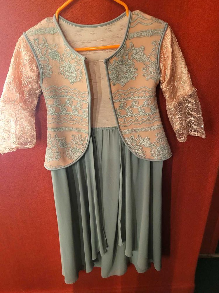 Pastel Pink &amp; Sage  Embroidered Layered Dress