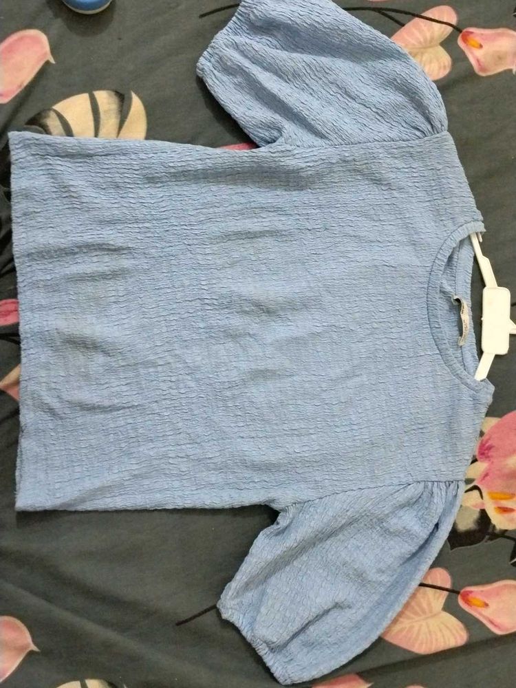 Light Blue Puff Sleeve Top Made In Turkey