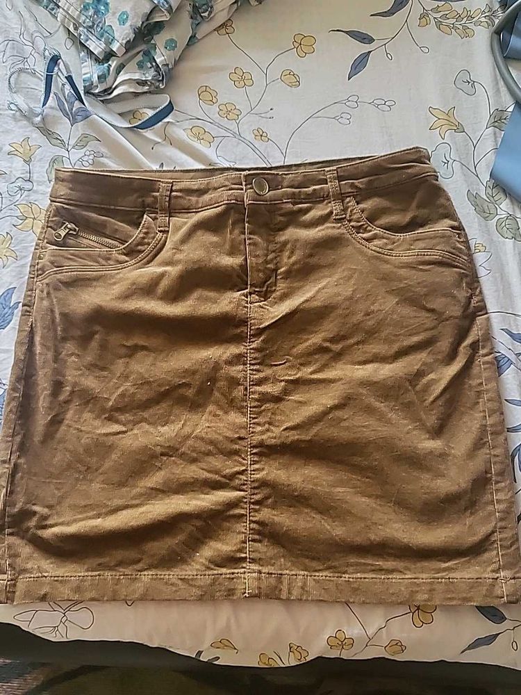 Brown Corduroy Knee Length Skirt