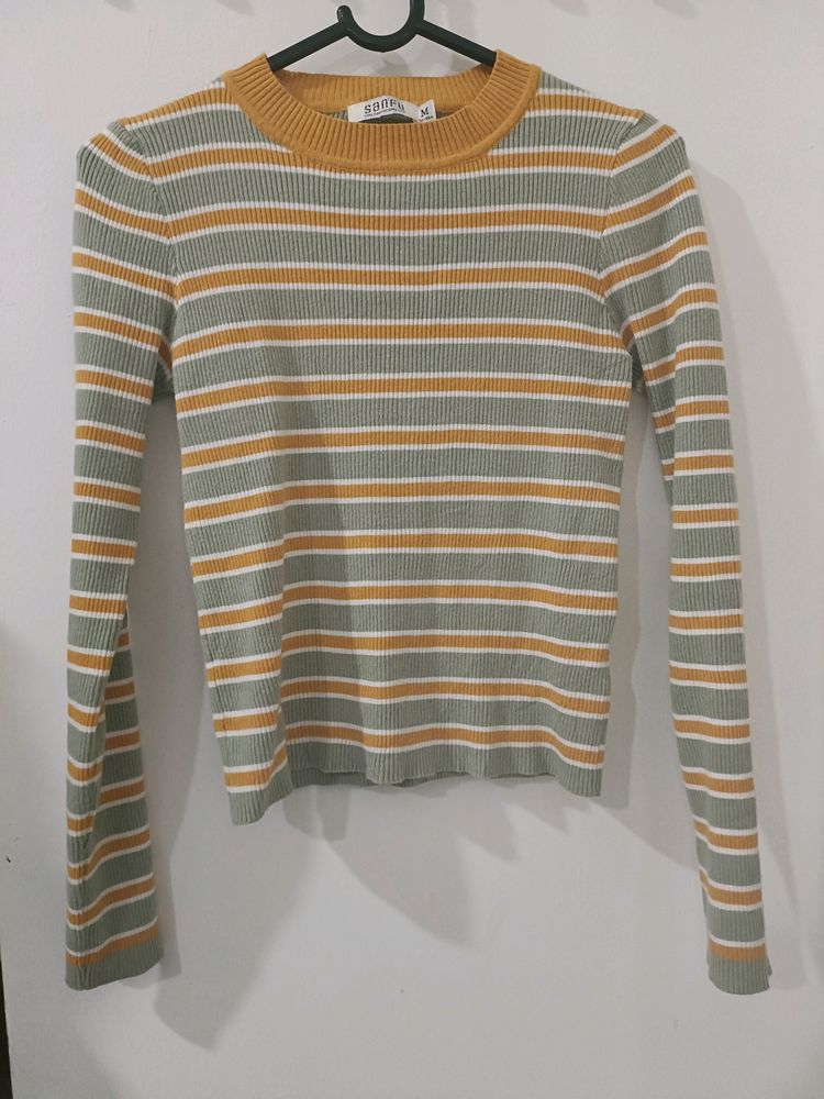 Women Mock Neck Yellow Stripes Sweater